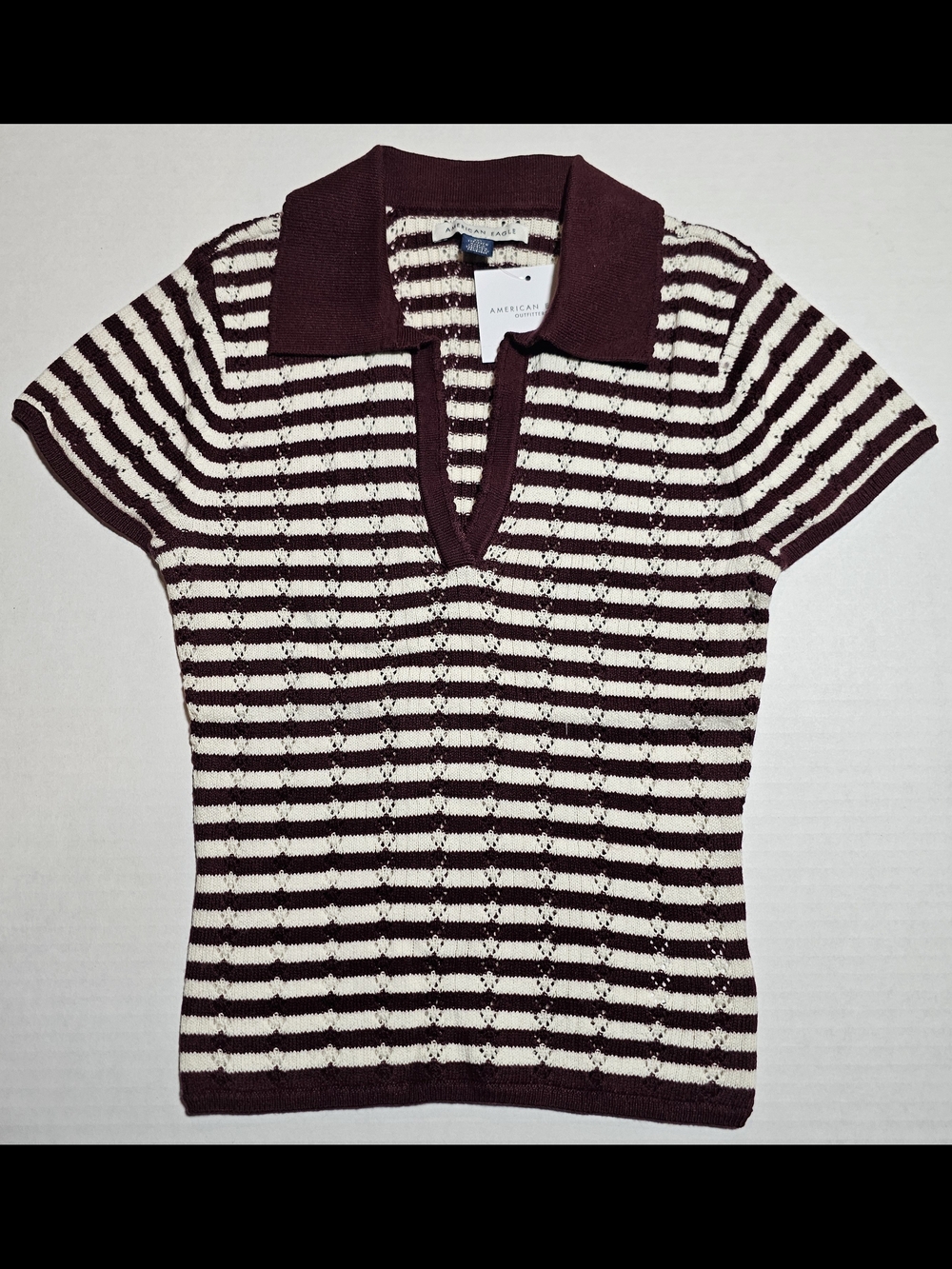 American Eagle Outfitters Striped Knit Polo Top in Maroon & Ivory/Blush & Cream